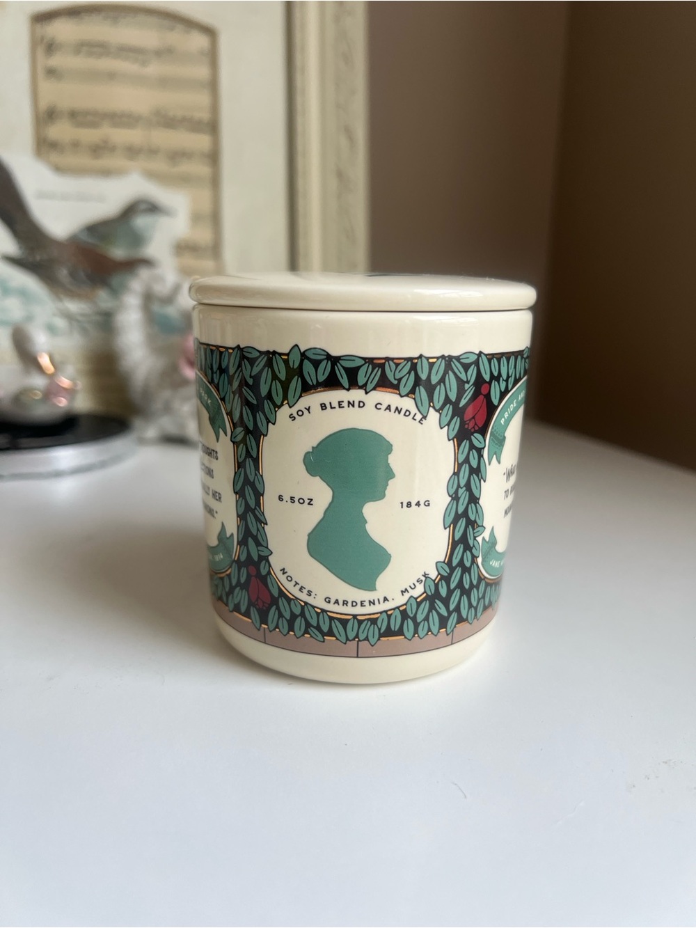 Jane Austen Soy Blend Scented Candle - Cream & Teal Decorative Jar